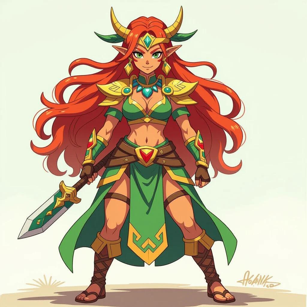 Heroic female warrior in green armor stands confidently with a sword. Character has long red hair and intricate details on armor. Background is simple to highlight character.