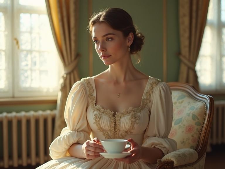 An elegant young woman in Regency-era attire in a pastel-toned drawing room. She holds a teacup. Sunlight streams through lace-curtained windows. The scene suggests social propriety and quiet confidence.