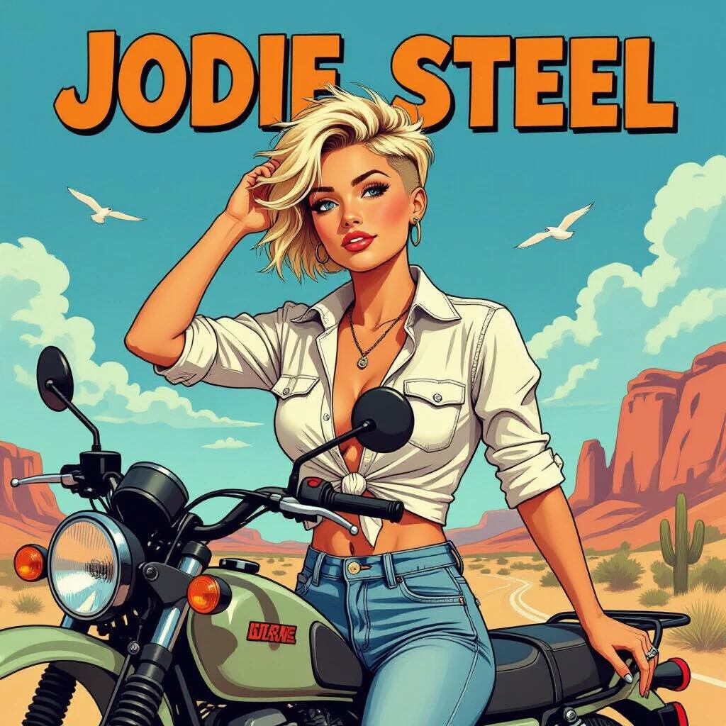 Comic style illustration of a girl on a motorcycle. The girl looks confident with bright blue eyes. Hair is styled short and tousled. She wears a knotted white shirt and ripped denim shorts. The background features a desert landscape.