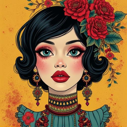 Image of a woman with a punk aesthetic. She has bold makeup and black hair. She adorns floral elements and jewelry. Background is vibrant yellow.