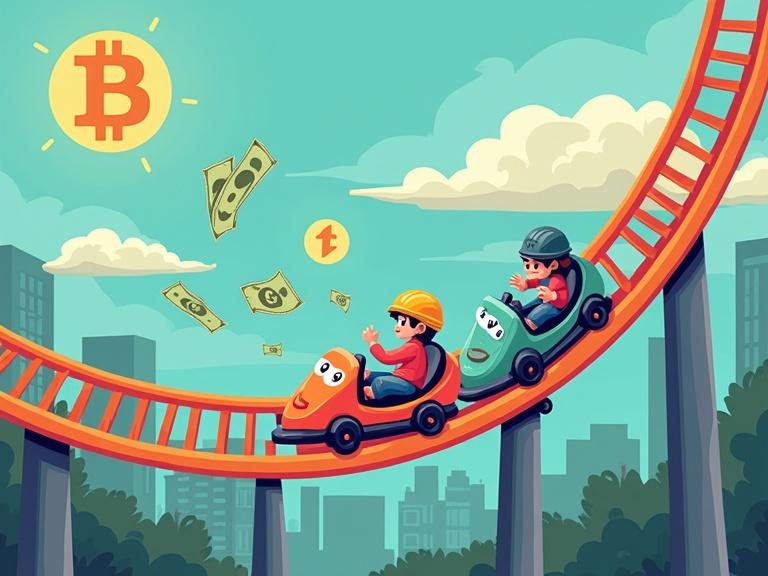 A rollercoaster track with cryptocurrency icons like BTC and ETH riding up and down. A small character with a safety helmet drops $100 bills along the path. Overlay text includes 'DCA - Dollar Cost Averaging' and 'Evita los picos'.