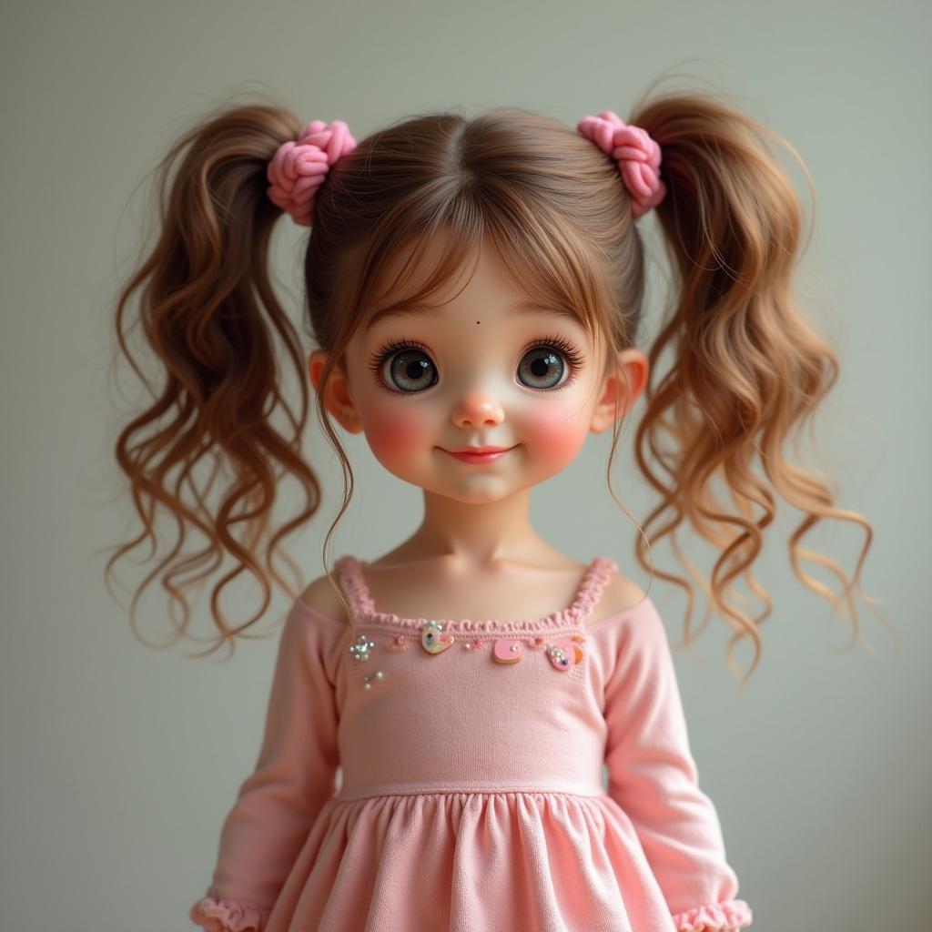 An adorable girl with long wavy hair styled in pigtails. The girl wears a pink dress with bobbysocks. Her expression is sweet and inviting.