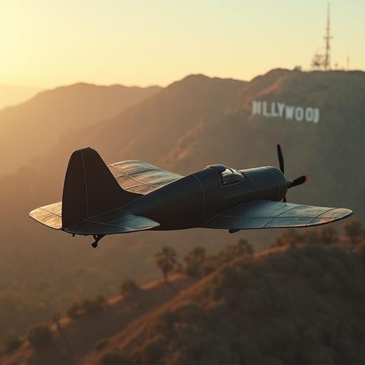 Hyper-realistic tracking shot of a small airplane made of black milk cartons. Lo-fi handcrafted design with ultra-high-definition realism. Plane flies over hilly landscape resembling Hollywood Hills. Sign in the distance reads 'WRONG'. Camera arcs with plane revealing sign from above. Plane emits colored smoke. Warm cinematic lighting. No people, just flight and signage.
