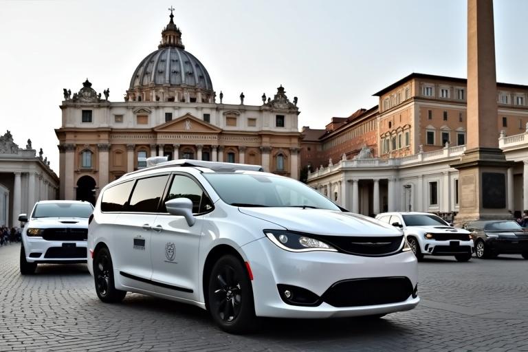 White Chrysler Voyager designed as a popemobile parked in St. Peter's Square next to a Dodge Challenger Hellcat and a Dodge Durango SRT Hellcat.