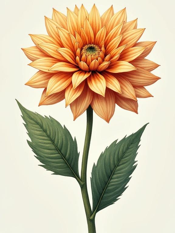 A single dahlia flower features intricate petals and lush green leaves. The flower exhibits layers of orange petals with a yellow center. Leaves are broad and deep green. The artwork has a soft background.