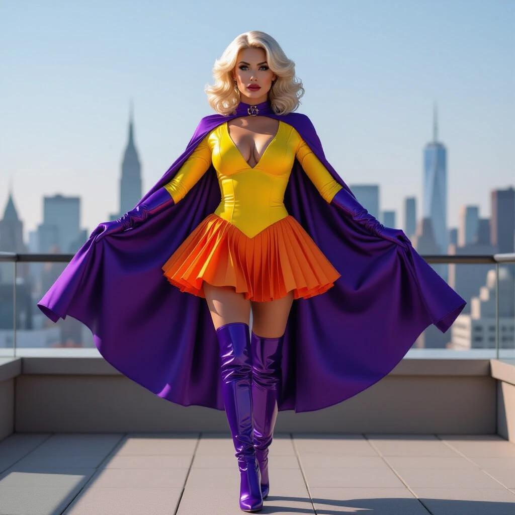 Full-body shot of superheroine in striking pose. She levitates elegantly on terrace. City skyline in background. Voluminous blonde hair styled outward. Wearing yellow latex bodysuit with plunging V-neckline and chest cutout. Purple cape flows behind her. Orange pleated micro skirt adds flair. Arms covered with long metallic purple gloves. Thigh-high high-heeled metallic purple boots. Holding lit cigarette with faint wisp of smoke. Calm expression with closed eyes and dark eyeliner.