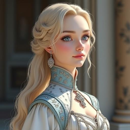 A noble young woman inspired by anime. Long wavy platinum blonde hair with elegant braids. Pale porcelain skin and delicate features. Large almond-shaped sky blue eyes. Wearing a white and silver gown with blue accents. Expressing wisdom and grace. Background of a medieval palace.