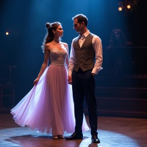 Romantic and dreamy stage costume design inspired by La La Land. Females wear long flowing dresses in pastel colors. Soft fabrics like silk or chiffon. Delicate straps with elegant silhouettes. Hair in soft waves or low buns. Males in elegant dress pants, fitted vest or blazer. Midnight blue or charcoal gray tones with white shirts and polished shoes. Mood is nostalgic, intimate, magical.