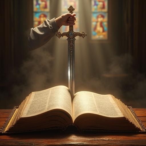 A detailed ancient Bible with golden-edged pages is open on a wooden altar. A strong divine hand emerges from the pages holding a gleaming silver longsword with intricate engravings. Rays of heavenly light shine through stained glass in the background. The lighting creates dramatic shadows and ultra-detailed textures. The style resembles Renaissance painting with Baroque drama.
