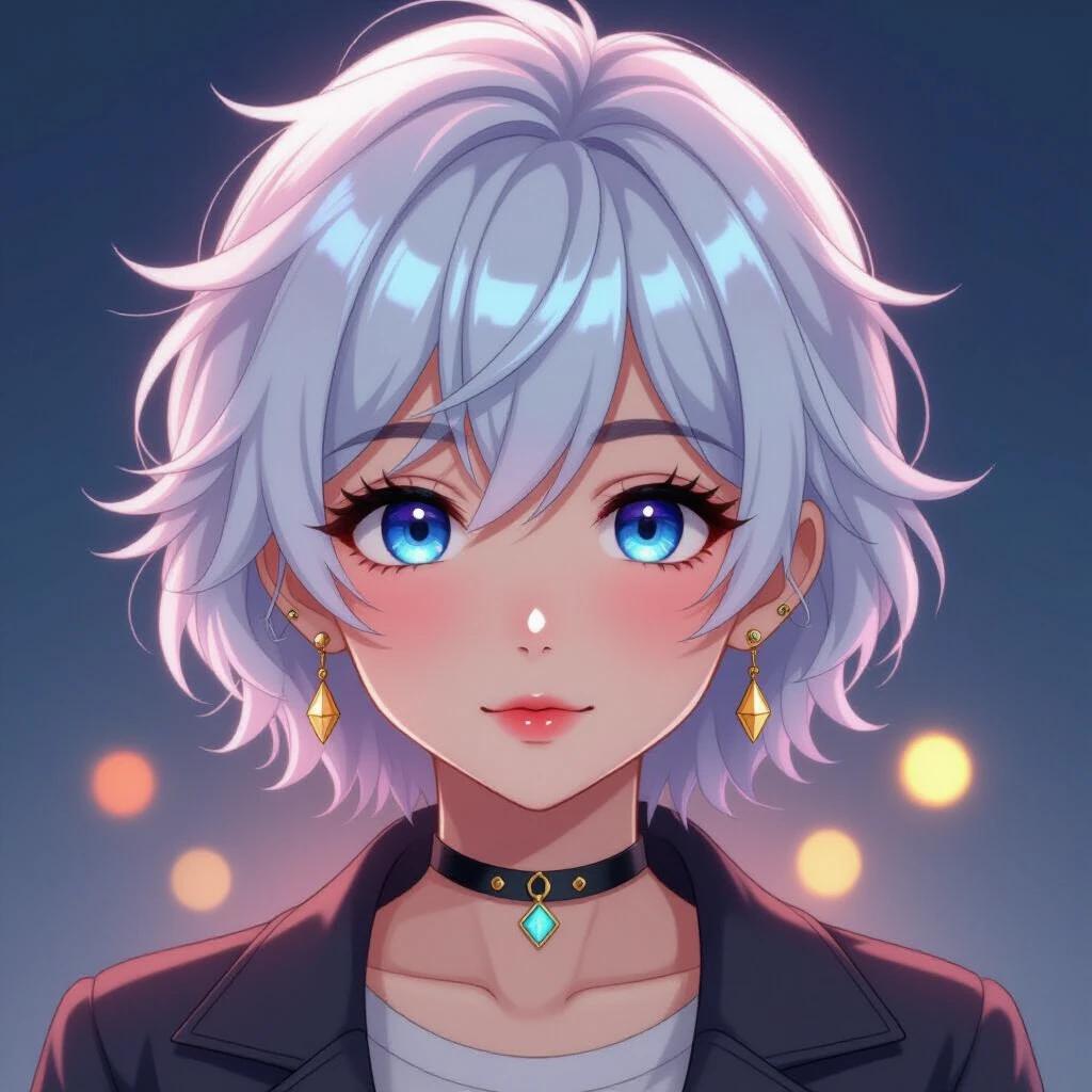 Anime-style illustration of a character with messy white hair and blue eyes. Gentle expression with earrings. Black and white Juventus football jersey. Modern vector-style logo with clean design and transparency. Focus on facial and torso area.