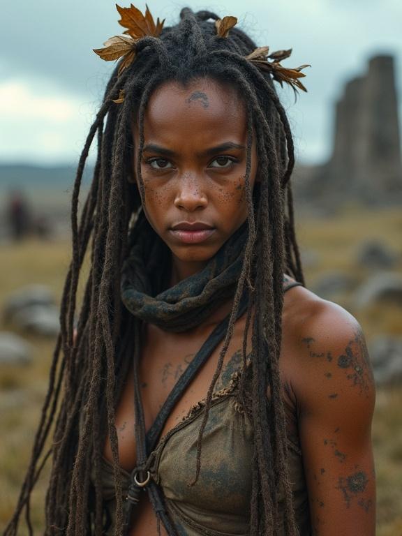 Highly detailed portrait of young huntress with wiry physique and long tangled hair. Hair features partial dreadlocks and dried leafs. Skin shows mud camouflage with visible tribal tattoo marks. Expression is cold and wary. Primitive self-made clothing made from scavenged materials. Background shows a ruined city under moody sky. Scene captured with realistic textures and subtle film grain.