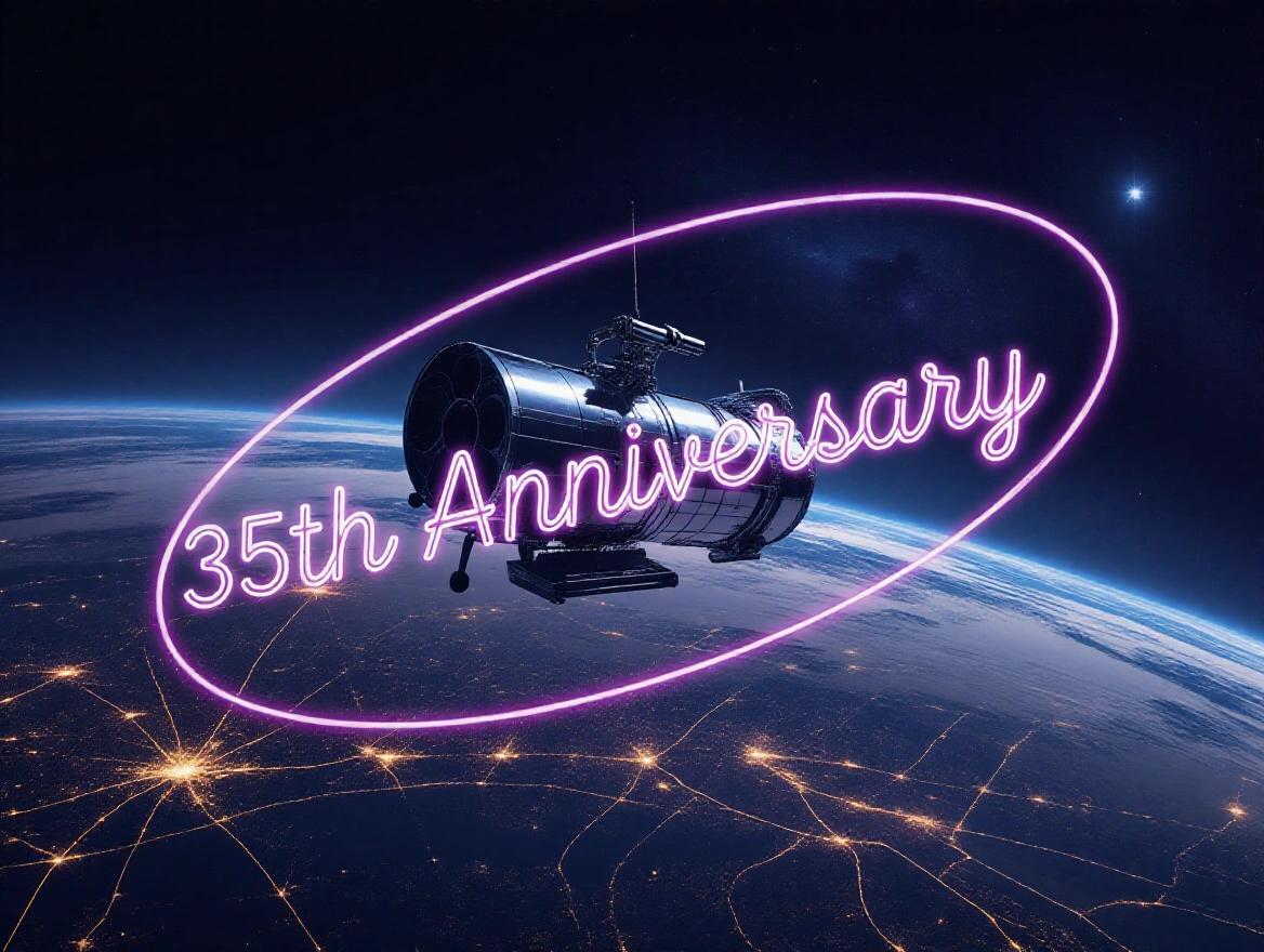 Space telescope Hubble in view of Earth with glowing purple neon text reading 35th anniversary. Realistic and futuristic style with space background.