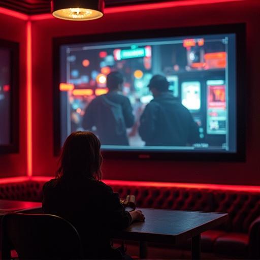 CCTV footage displayed indoors in a nightlife setting. A person sits at a table, staring at a large screen showing clip from the club. Red lighting creates a vibrant and moody environment.
