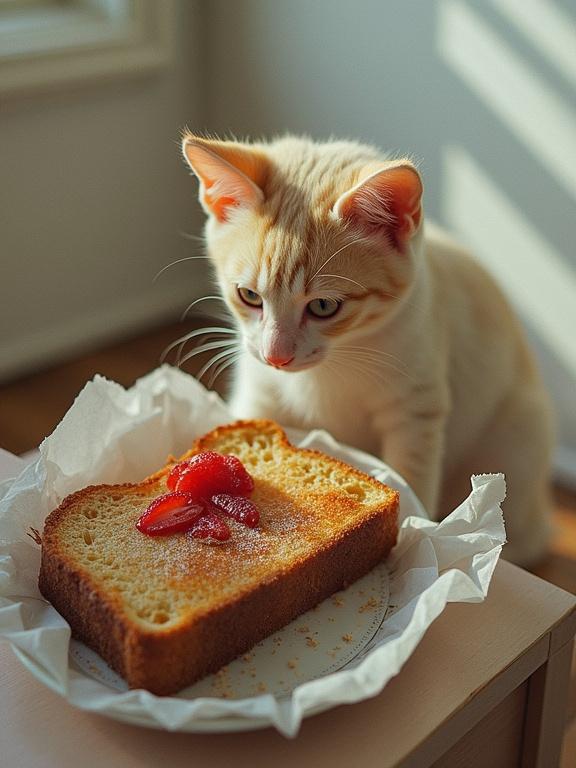 A cute cat looking at a slice of cake topped with strawberries. The cake is on a white plate. The setting has natural light coming through a window. The cat appears excited and curious while observing the cake.