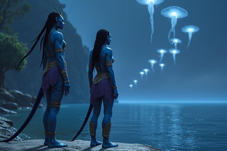 A Na'vi female named Kaari stands on a seashell platform. Surrounding Na'vi elders sing ancient chants. Glowing jellyfish float upwards into the night sky. The environment combines natural beauty with a mystical atmosphere.