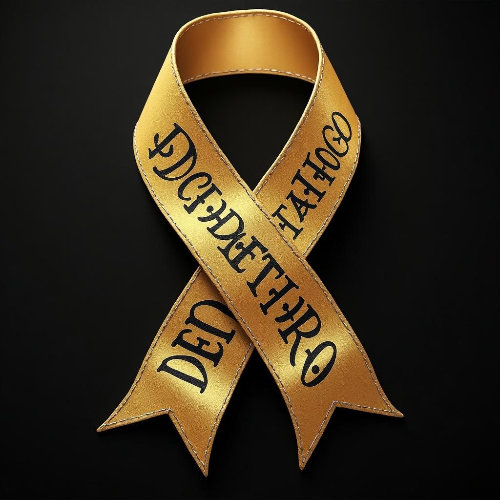 Gold ribbon displayed with the words Doctor Tattoo written on it in elegant gold lettering. The background is black, emphasizing the ribbon's shine and design.