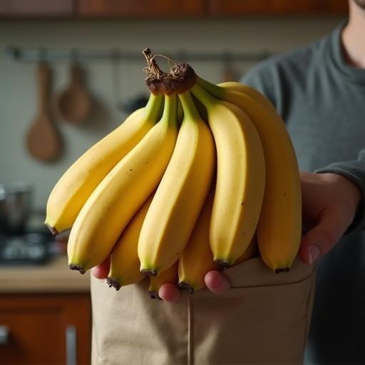 Male hand holding a bushel of bananas in a modern kitchen setting. Focus on fresh bananas with natural colors. Show kitchen elements in the background.