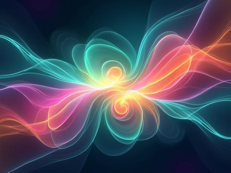 Digitally generated image showing an abstract illustration on a dark background. Central design features glowing shapes in bright teal with flowing lines. Rounded forms filled with vibrant colors like hot pink peach and yellow contrast against dark lines. Composition has depth and movement with soft transitions. Larger semi-transparent areas in deep purple and orange-pink are visible at edges.