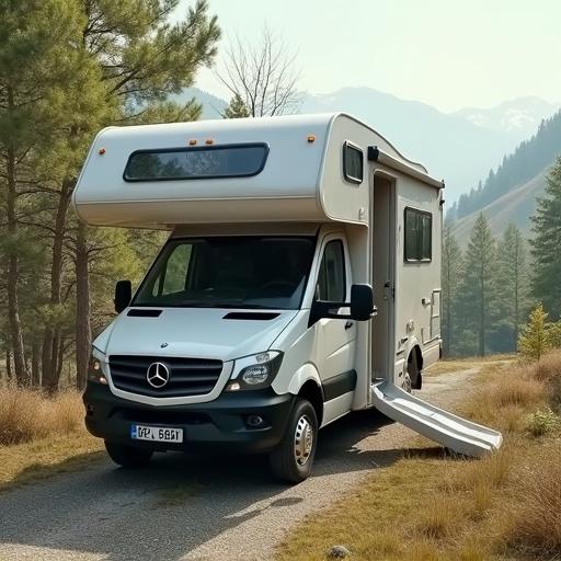 A slide-in camper van with a design resembling a cybertruck parked on a path in a natural setting. Surrounded by trees and mountains under clear blue skies. The camper illustrates a sense of adventure and outdoor lifestyle.