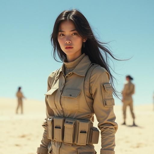 Realistic detailed pretty short petite sci-fi military female model with dark long hair in light beige outfit. Scene includes an obstacle course under a sunny blue sky in a white desert. Focus on textures and shadows.
