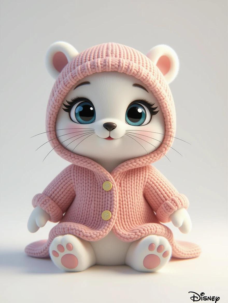Masterpiece Disney 3D art of a baby seal plush character. Features giant anime eyes and a cute hoddie. Captured against a white seamless background with soft lighting and shadows.