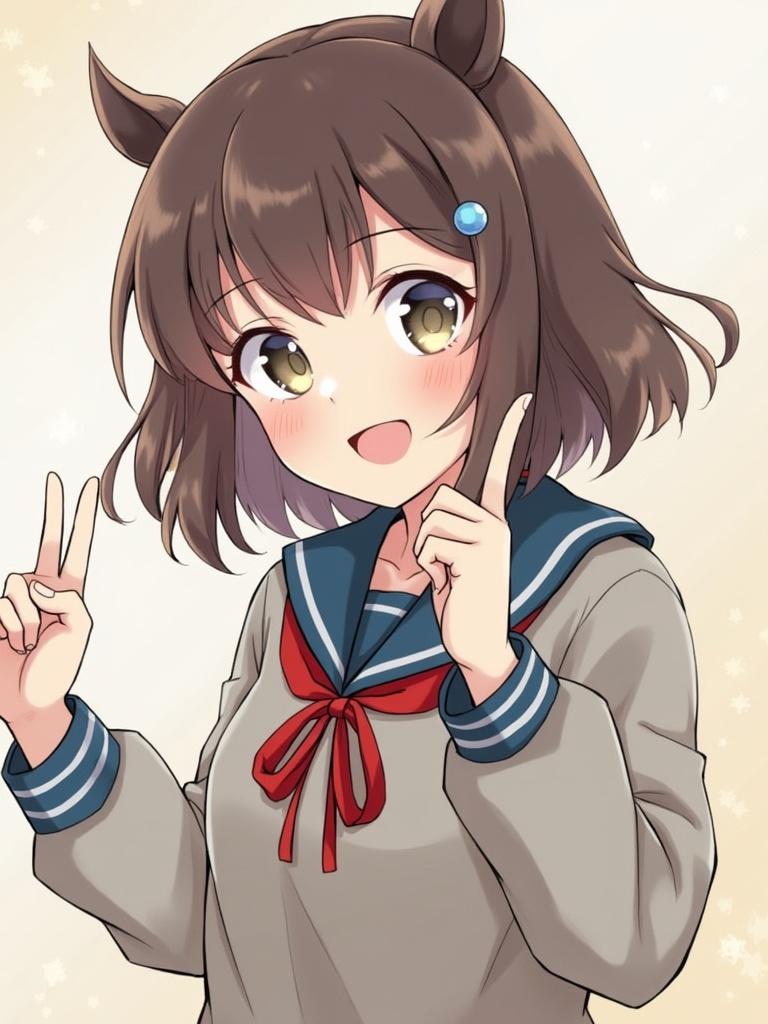 Anime girl wearing a school uniform with a red ribbon. The character poses with a peace sign. She has brown hair and animal ears.