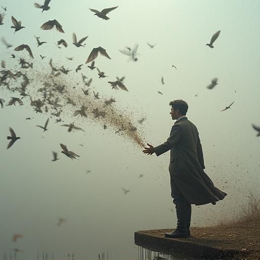 A man stands at the edge of a platform. Hundreds of feathers and birds are momentarily suspended in mid-air. Feathers drift toward the camera and scatter into the distance. A flock of birds appears motionless with wings in different positions. Dust particles add to the intensity of the scene.