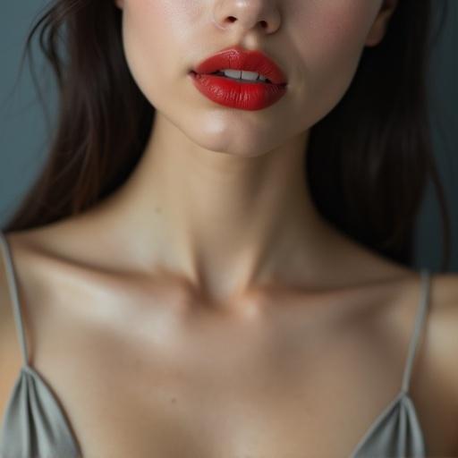 Close-up portrait of a slender young woman. Bright red lips slightly parted. Elegant neckline with pronounced collarbones. Smooth, delicate skin glowing. Predominantly gray shades with clean lines. Soft diffused lighting highlighting details. Slightly elevated angle conveying freedom.