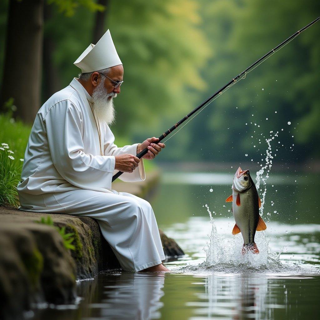 A serene scene of a clergyman in white robes fishing by a calm river. A fish jumps from the water, creating a splash. Surrounding lush greenery enhances the tranquil setting.