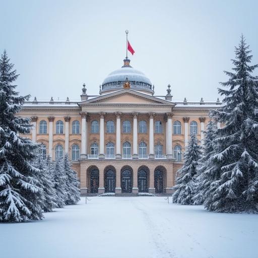 Fotografía del Palacio Imperial de San Petersburgo en un día nevado. El edificio es visible con un ambiente invernal. Vegetación cubierto de nieve en primer plano.