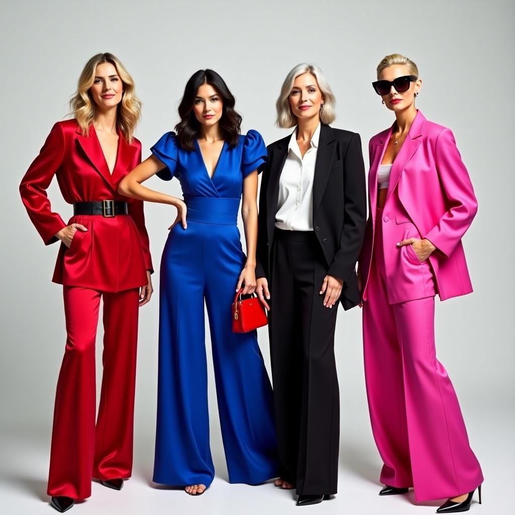 Four stylish women standing side by side. Each woman wears a vibrant outfit. The first woman in a red satin pantsuit. The second woman in a blue fit-and-flare dress. The third woman in a black-and-white ensemble. The fourth woman in a pink oversized pantsuit. The background is minimalistic and neutral. Bright lighting highlights details of the garments.