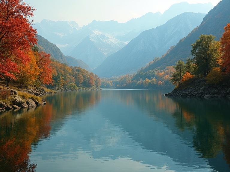 A serene lake reflecting the colors of the changing season with a mix of summer and autumn foliage.