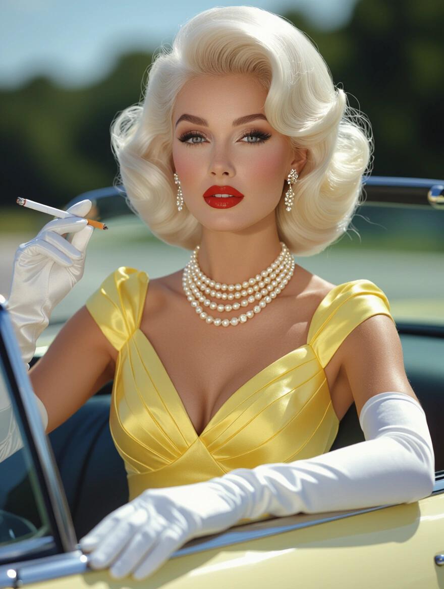 Portrait of a woman in a light yellow dress. She has voluminous platinum blonde hair. She wears elegant accessories including pearls and diamond earrings. The woman is holding a cigarette while driving a car. Flawless makeup with winged eyeliner and ruby red lips. She has white gloves and high heels. Captured in a vintage style reminiscent of mid 20th-century photography.