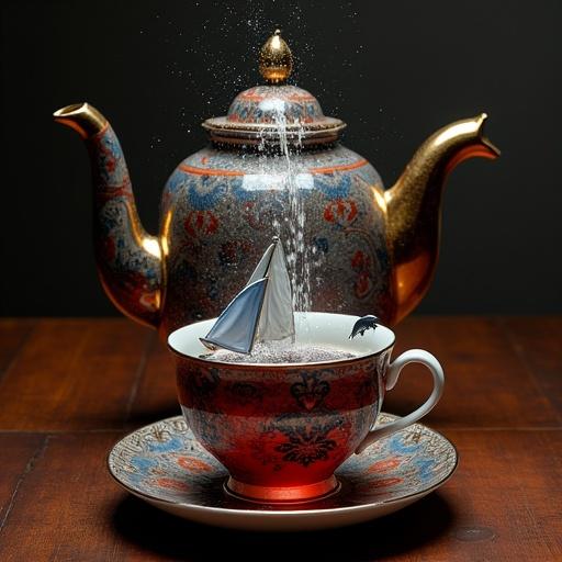 Professional photograph of ornate teapot on dark wood table with waterfall splashing into teacup. Tiny sailboat on the surface and a dolphin leaping out of the water. Photorealistic and hyperdetailed with vibrant dark colors.