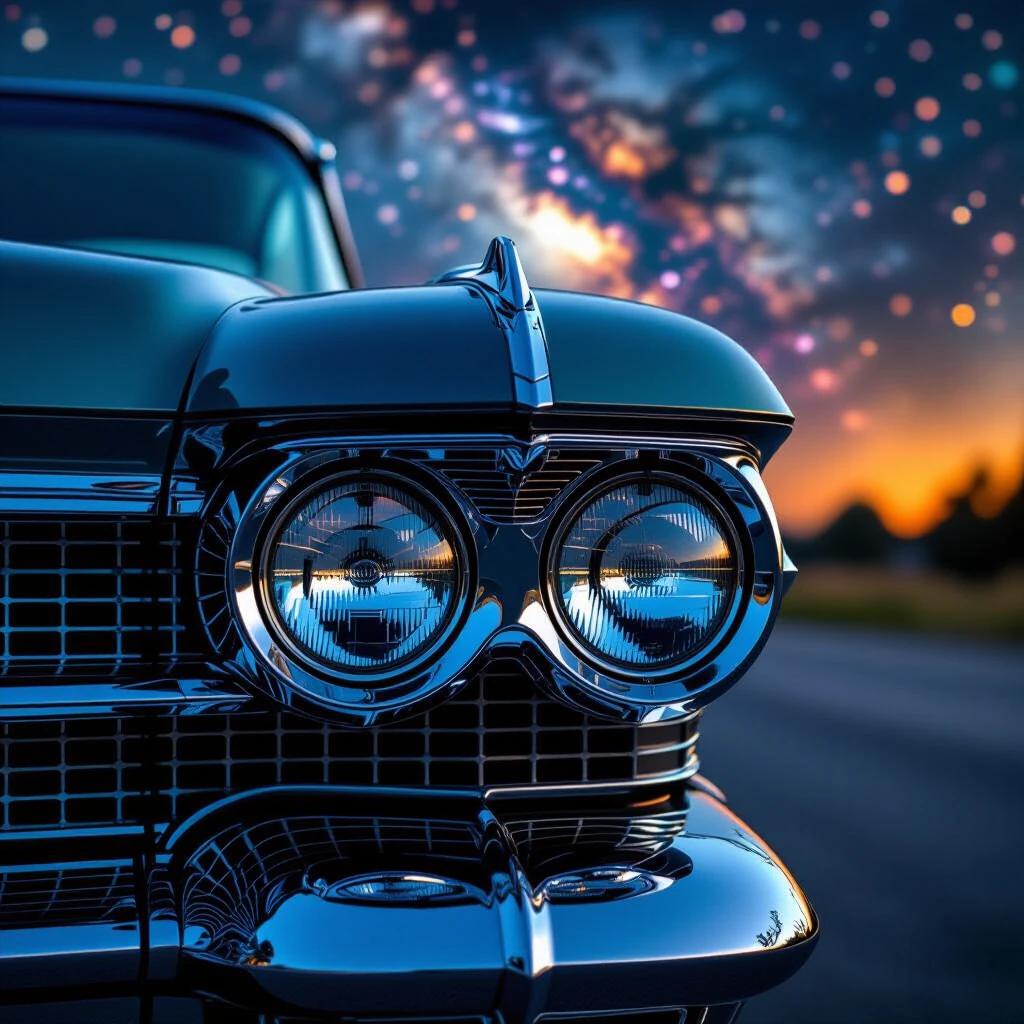 Close-up of a 1960 Cadillac Cyclone headlight. Focus on the intricate glass etching. Show signs of UV-yellowing at the molecular level with dust specs. Background features a bokeh nebula effect.