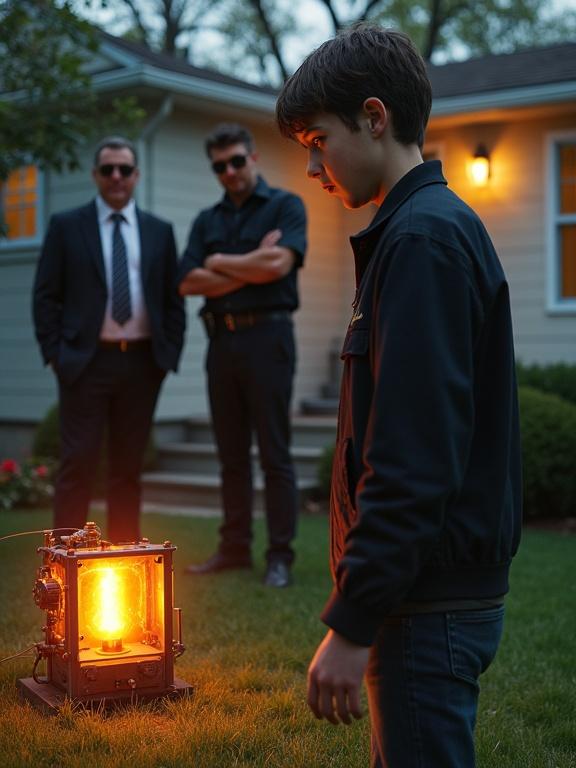 Wide-angle digital illustration featuring a surprised teenage boy standing in a suburban backyard. Glowing homemade nuclear reactor beside him. Two shocked FBI agents in black suits and sunglasses behind him. One agent holds a Geiger counter. Typical American house in the background. Intense lighting and cinematic composition.