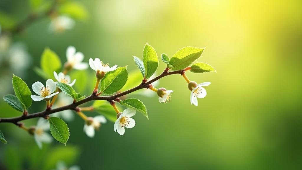 Professional photo of a branch with small white flowers and green leaves. Background is a soft blur of green and yellow. Flowers have white petals with a few unopened buds. Overall feel is tranquil highlighting vibrant colors of nature. Snapshot of a peaceful moment in nature.