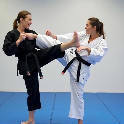 Dynamic scene in a dojo. Two female martial arts students spar. One executes a high kick wearing a black gi and black belt. The other in white gi prepares to defend. Clean dojo background with blue mats. Bright lighting focuses on their intense expressions.