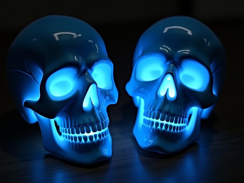 Two realistic skulls are showcased in this image, illuminated by an eerie blue glow. The glow creates a haunting atmosphere that draws attention to the intricate details of the skulls. Set against a dark and shadowy backdrop, the contrast emphasizes the luminous blue hue. This setting evokes a sense of mystery and could be perfect for Halloween-themed artworks or decor. The overall composition balances realism and an ethereal quality that invites intrigue.