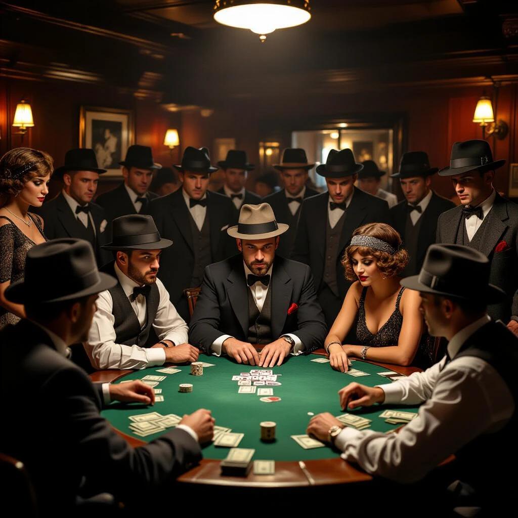A tense dice game with a crowd cheering. Money is exchanged rapidly. Cheating accusations create tension. Ultra-realistic setting depicting the 1920s style.