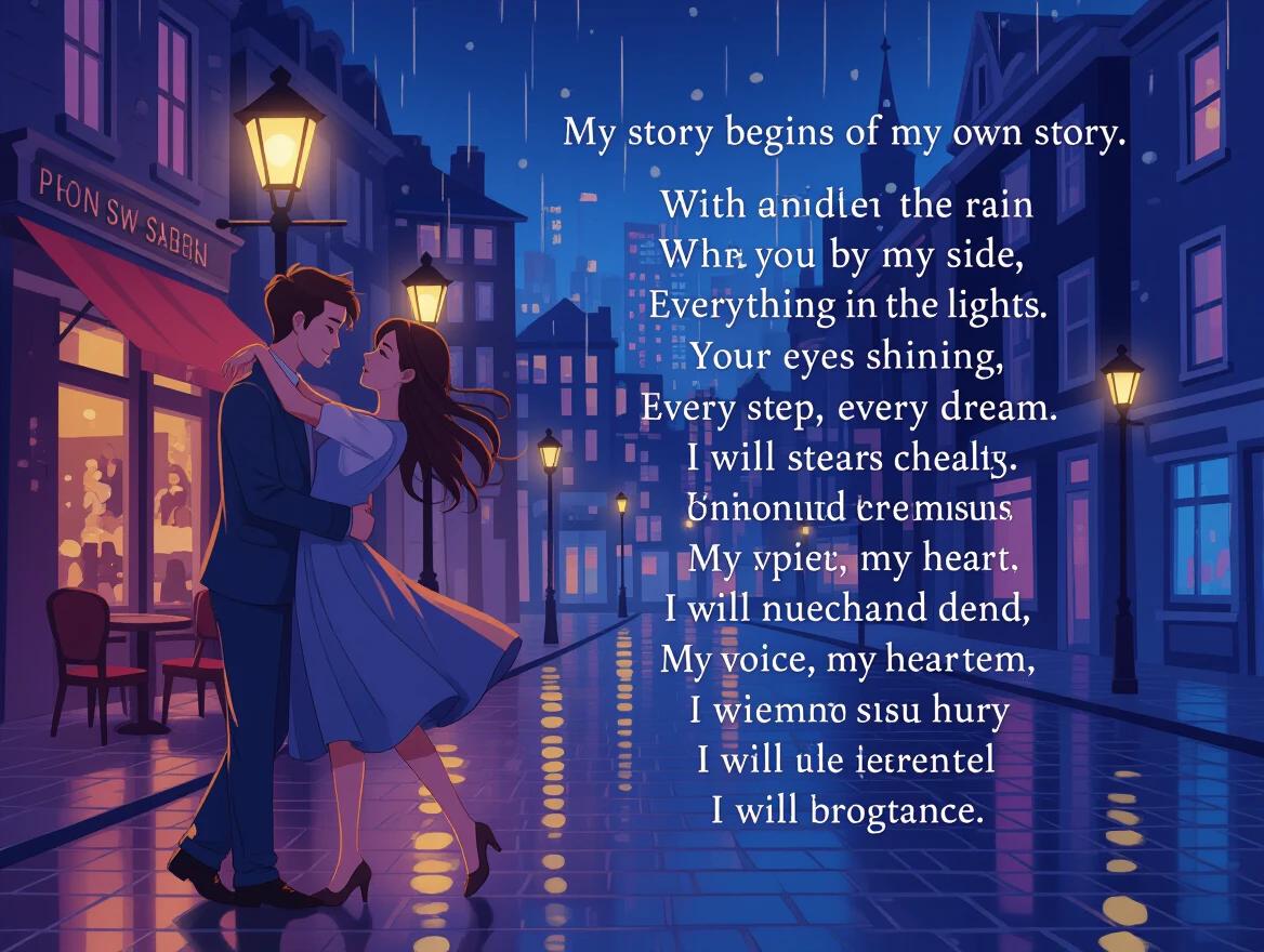 A romantic scene with a couple dancing in the rain. City lights illuminate the surroundings. Emotive expressions on their faces. Visual representation of love and connection. Romantic atmosphere in an urban setting.