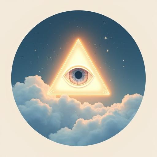 Logo design featuring a glowing eye inside a divine triangle over soft clouds. Evokes themes of artificial intelligence and spirituality. Employs soft golden, blue, and white tones with clean lines. Designed for circular display.