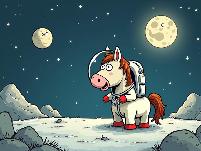 Funny cartoon features a scared horse sitting behind an astronaut in a spacesuit on the Moon. The horse is surprised while looking at the moon and stars.