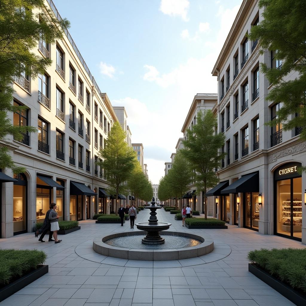 Create a luxury neighborhood in Nashville with limestone buildings that resemble Parisian architecture. Include three condo buildings, high-end grocery store, luxury brands like Chanel, and a central piazza with a fountain.