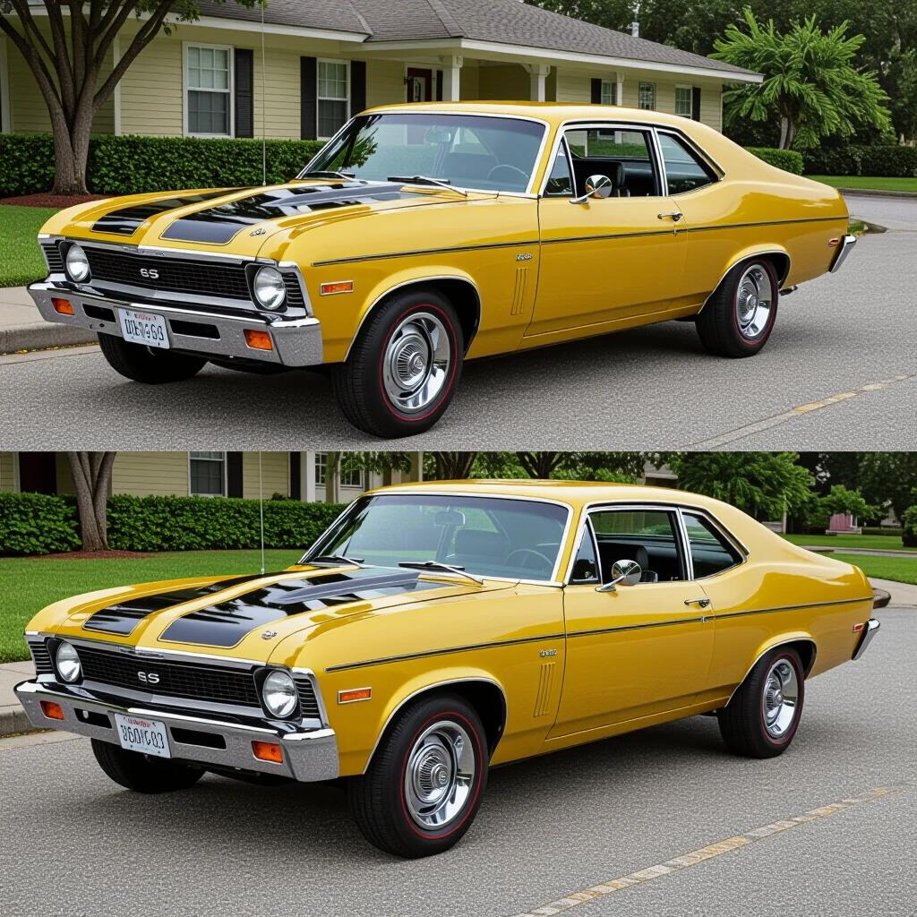 Chevy Nova from 1969 displayed in a residential setting. The car is bright yellow with a black racing stripe. Side view captures the detailed design.