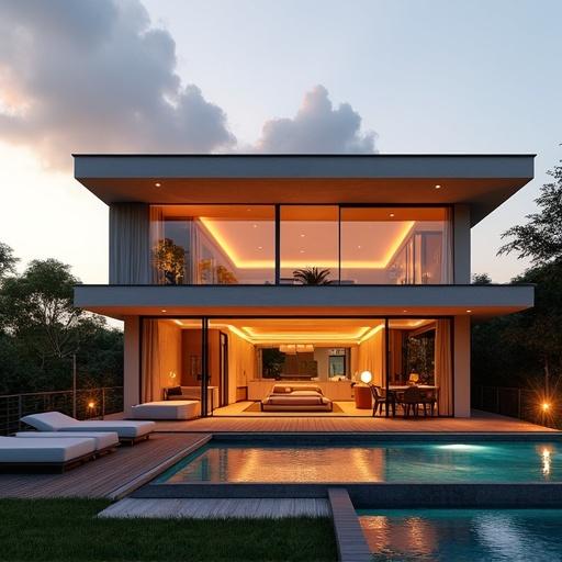 Full exterior view of a two-story minimalist home during golden hour. Large windows show the open living room. Connected wooden terrace with a steaming jacuzzi. Upper floor holds the master bedroom with a mirror wall visible. Signature present in the lower corner. Created using photoreal rendering techniques.