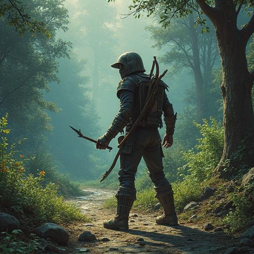 A warrior character in a detailed outfit stands in a mystical forest. Lush greenery surrounds a dirt pathway. The atmosphere evokes a fantasy realm reminiscent of 1980s sci-fi. The character holds a spear with determination.