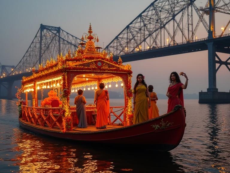 An ultra-realistic scene at twilight near Howrah Bridge in Kolkata. A traditional boat floats on the river, decorated with vibrant flowers and marigold garlands. Glamorous makeup artists in elegant sarees are on the boat, styled with floral hairstyles and traditional makeup. Golden light filters through the bridge, highlighting the boat and its occupants. Water reflects the bridge and decor, creating a magical atmosphere.