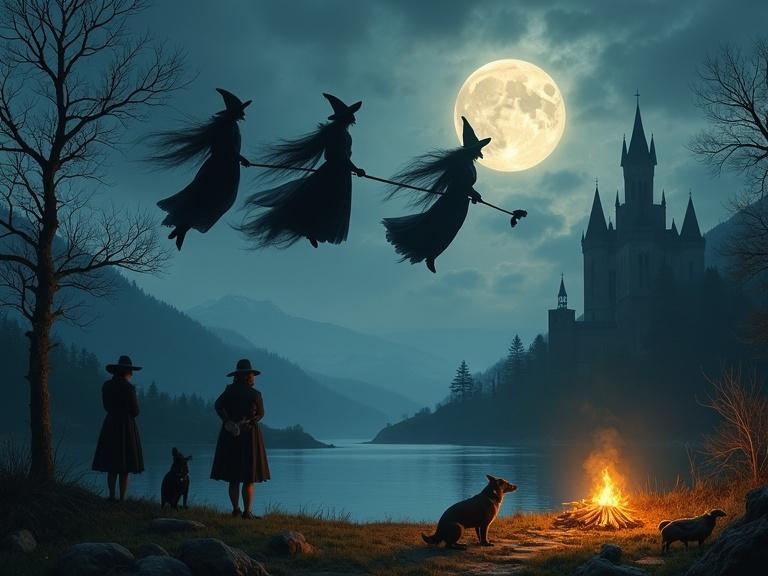 A mystical composition featuring three witches flying under a full moon with crows. Below, two observers stand near a body of water with a campfire and a dog. In the background, a Gothic castle and misty hills create a magical atmosphere.