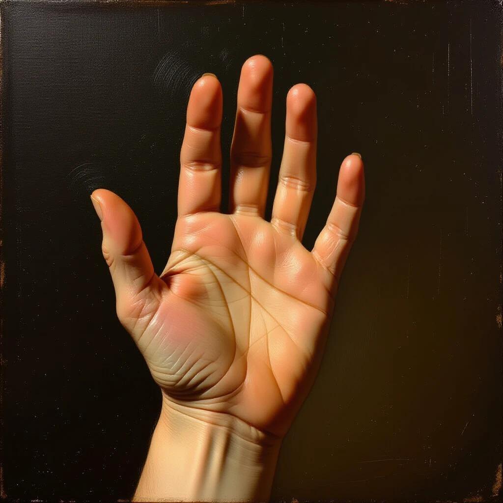Very old oil painting featuring a front view of an open hand. The hand has extended fingers. The background is dark to enhance the focus on the hand.